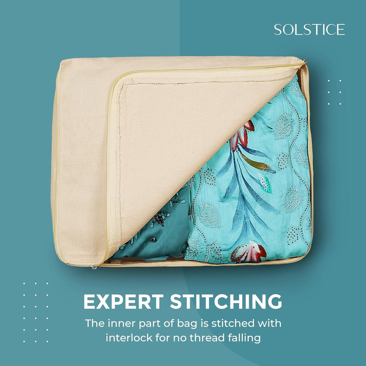 SOLSTICE Cotton Canvas Clothes Storage Bags/Saree Covers with Zip for Storage Specially Design for Woman Dresses, Sarees, Lehengas for Wardrobe Organizer (16 x
