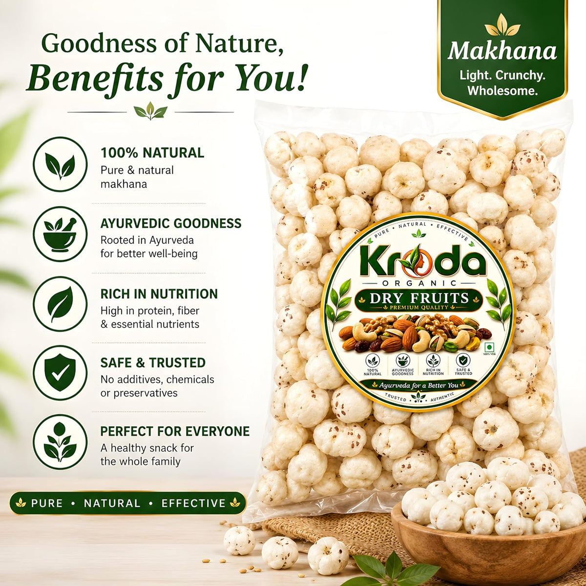 Kroda Organic Premium Phool Makhana | 100% Natural Fox Nuts/Lotus Seeds | Crunchy Healthy Snack, Rich in Nutrition & Ayurvedic Goodness | Prasadam Makhana | Ric