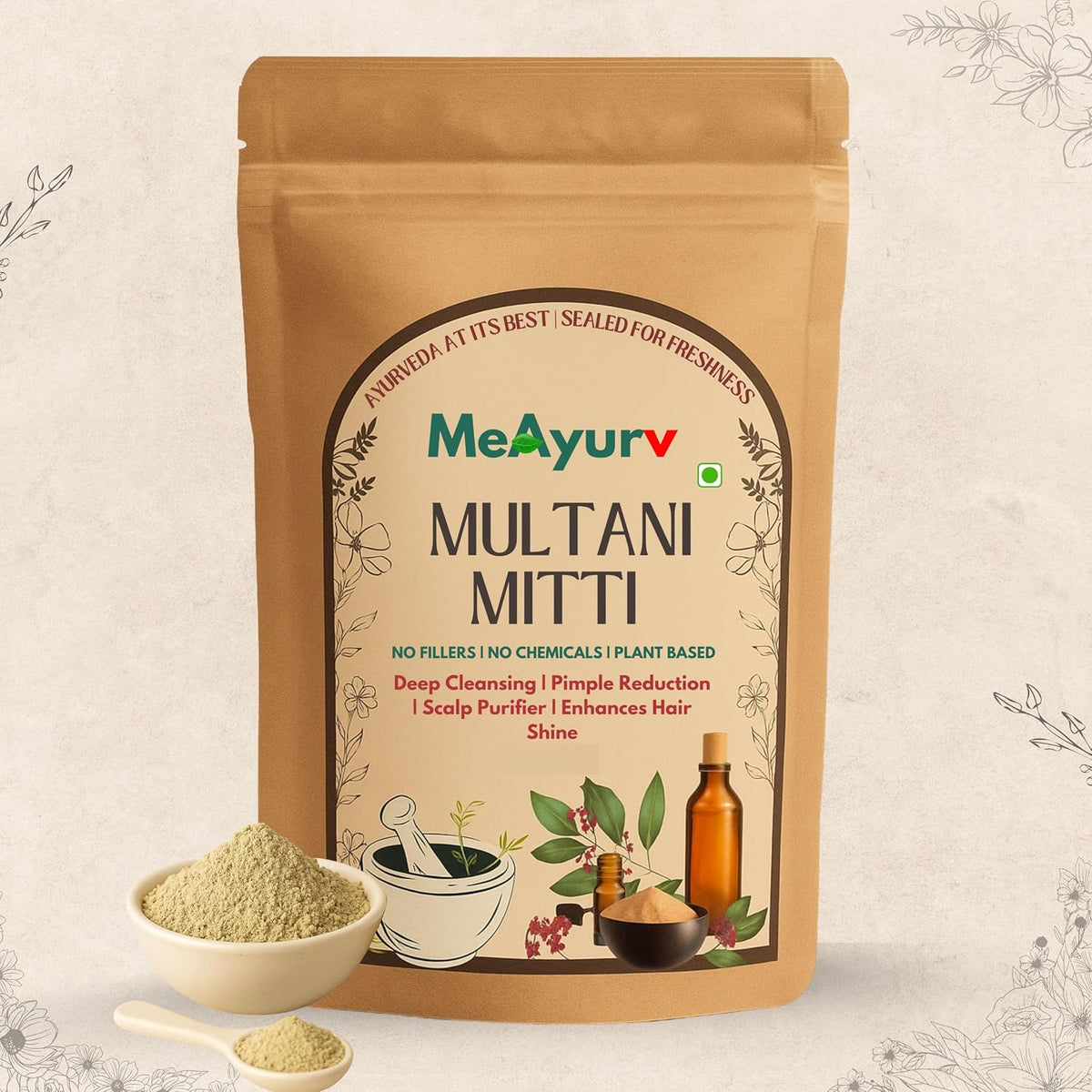 Multani Mitti Powder (Fuller’s Earth Clay) 55g | 100% Pure & Natural Indian Healing Clay for Face Pack & Hair Care – Detoxifying Skin Cleanser, Oil Control Mud