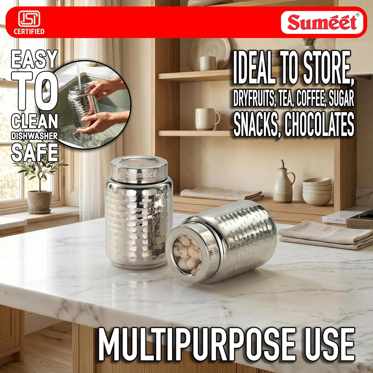 Sumeet ISI Certified Stainless Steel Hammered Canister/Container for Kitchen Storage with See Through Lid Set of 2Pcs - 950ml, 10cm Dia, Silver 950ml 2Pc