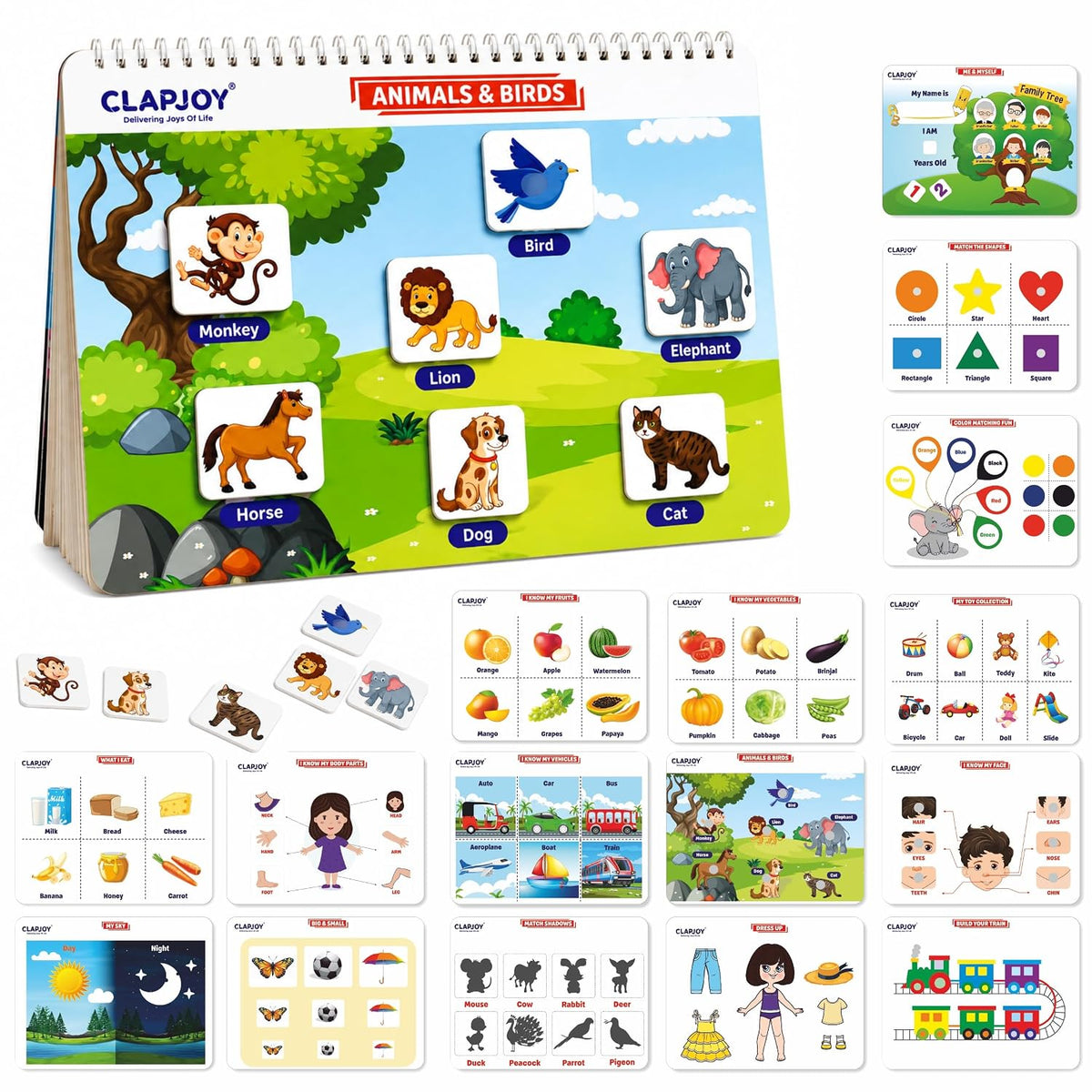 Clapjoy Busy Binder Book Level 1 | 16-in-1 Toddler Activity Binder with Numbers, Alphabets, Animals, Colours & Fruits | Educational Velcro Quiet Book for Kids A