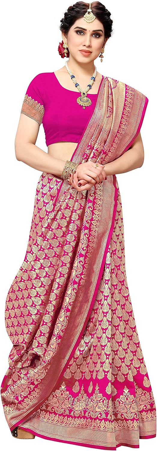 Sidhidata Women's Jacquard Silk Saree with Blouse Piece Pink