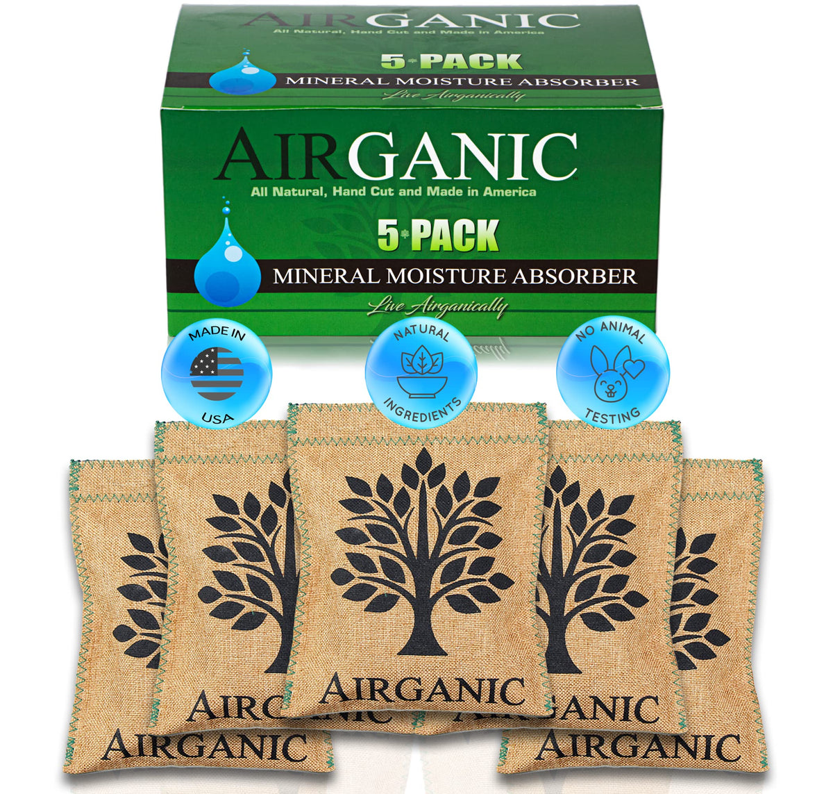 Airganic Moisture Absorbers - Made in USA and Natural Minerals & Plants - Lifetime Reusable Mini Dehumidifier for Gun Safe, Safe, Car, Closet - Kid & Pet Friend
