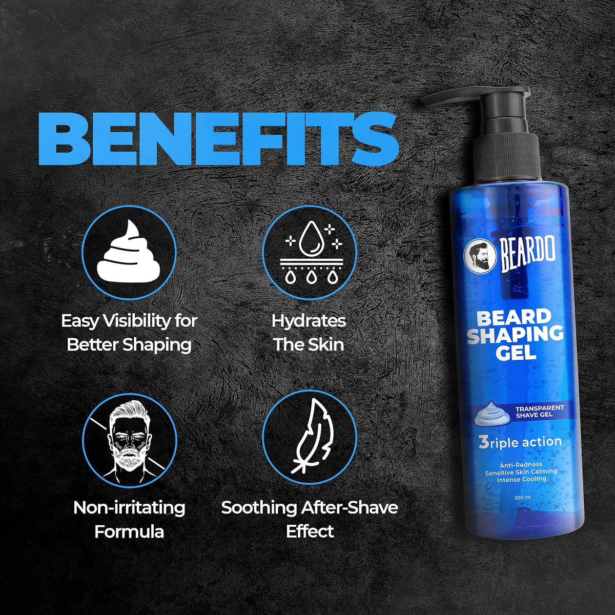 Beardo Beard Shaping Gel, 200ml | 3riple Action Transparent Shaving Gel for Men | Shaving gel with Anti-Redness, Calming, Intense Cooling | Suitable for Sensiti