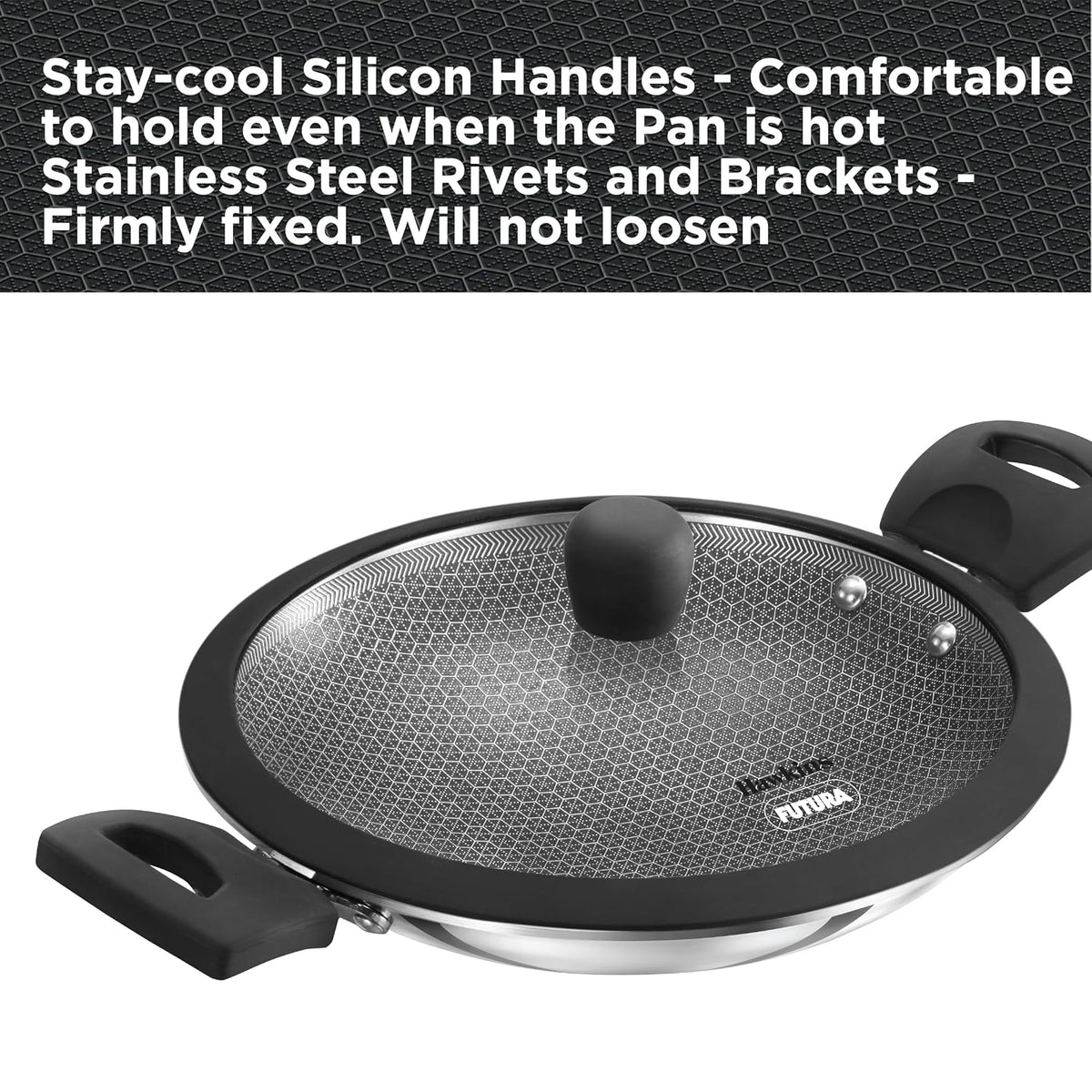 Hawkins 1.25L Breakfast Pan, Nonstick Triply Stainless Steel Appachatty with Glass Lid, Chetty Pan, Appam Patra, Honeycomb Round Bottom Small Kadai, Siler (NSA1