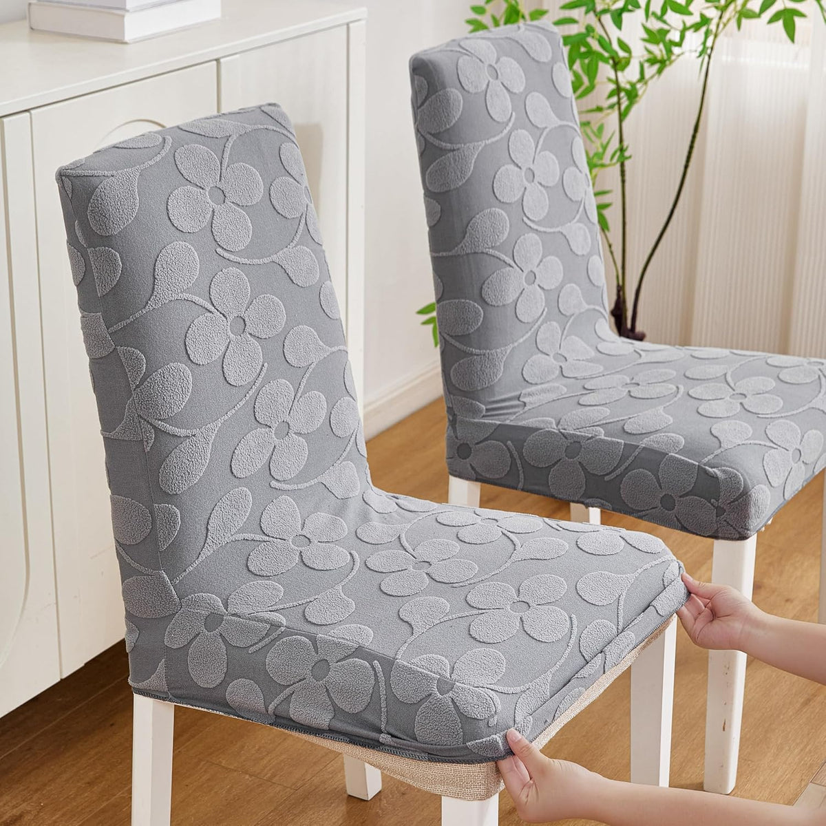 HOMETHREADS Stretchable Jacquard Dining Chair Seat Cover – Elastic Removable & Washable Chair Protector for Home, Kitchen & Restaurant (Dark Grey, Pack of 1) Da