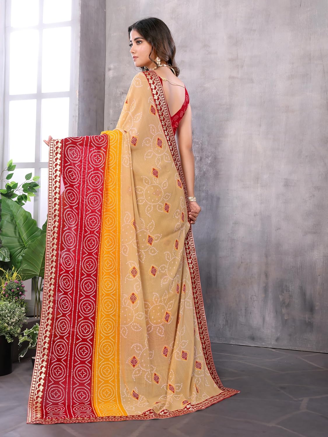 Yashika Women's Ethnic Georgette Saree with Lace and Blouse Chiku Bordeaux