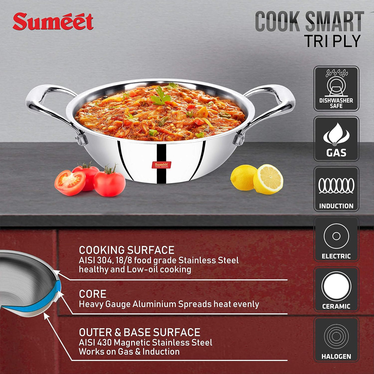Sumeet Cook Smart TriPly Steel-Aluminium-Steel - 3 Layers Kadhai - 3.25Ltr - 26Cm 3.25 Liter