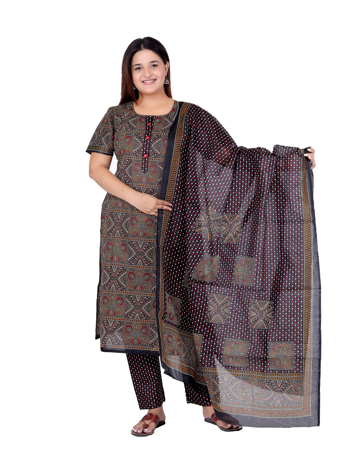 Miraan Cotton Printed Readymade Salwar Suit For Women (MIRAANRV7405_Black)