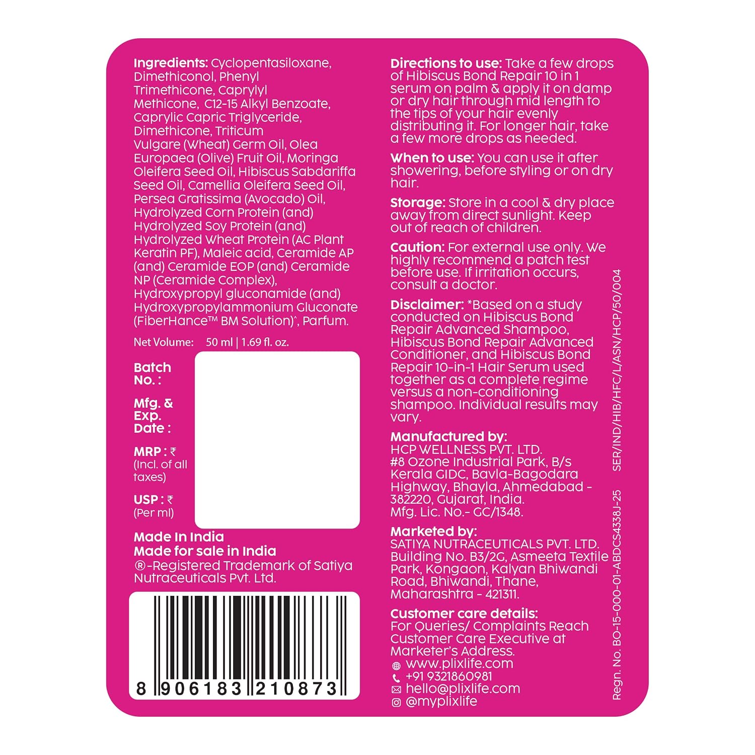 PLIX - THE PLANT FIX Hibiscus Bond Repair 10-in-1 Hair Serum | FiberHance™ | Repairs Damage Hair | Strengthens Keratin Structure | Provides 3X strengthening | 50ml