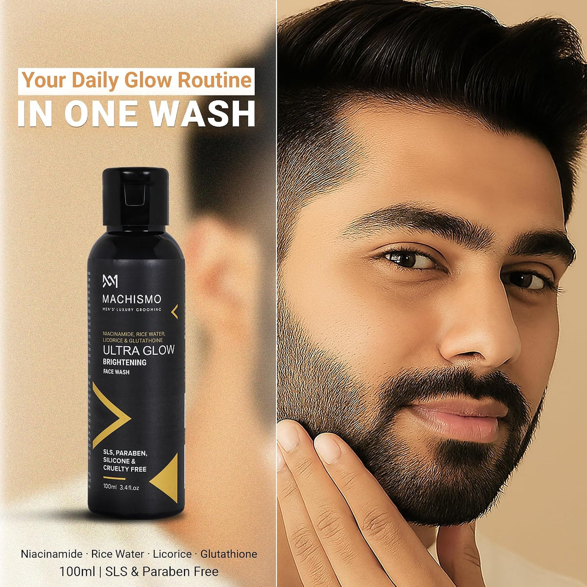 Machismo Ultra Glow Face Wash for Men | Niacinamide & Glutathione Detan Cleanser | Skin Brightening, Cleansing & Oil Control | Removes Dirt, Sweat & Pollution |