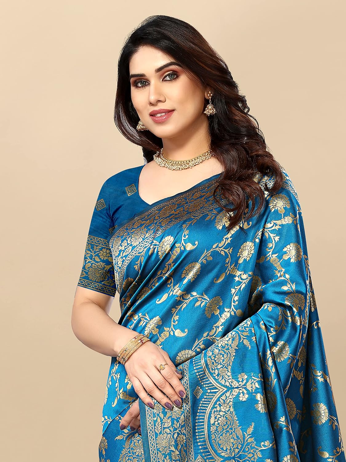 Sidhidata Women's Kanjivaram Banarasi Jacquard Silk Saree With Blouse Piece (Free Size) Sky Blue