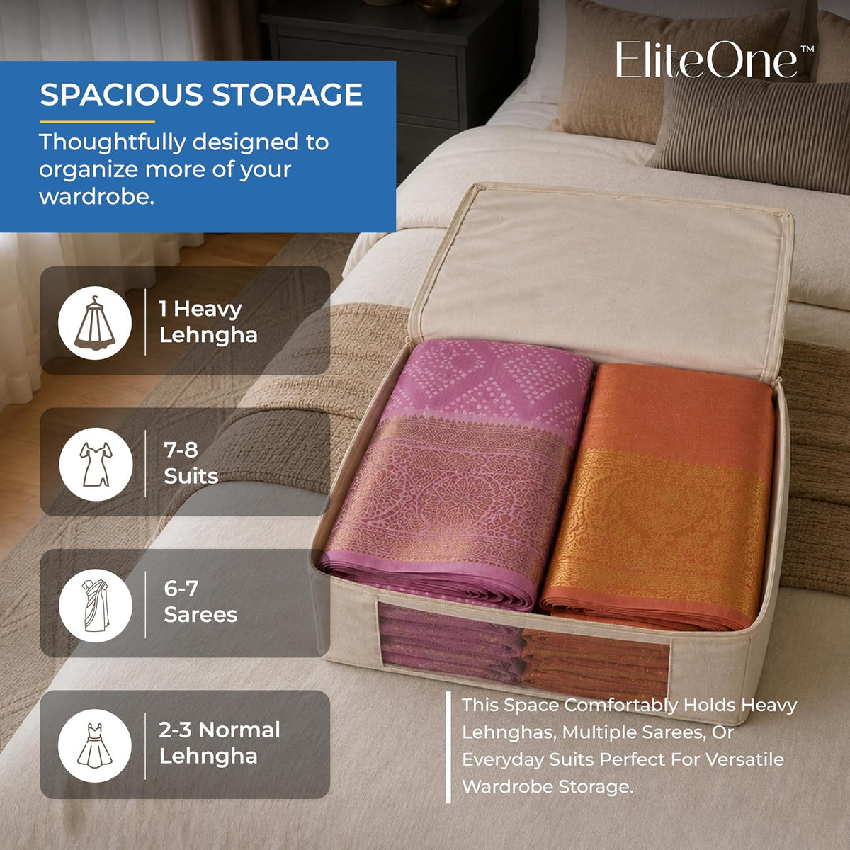 EliteOne Cotton Canvas Clothes Storage Bags/Saree Covers with Zip for Storage Specially Design for Woman Dresses, Sarees, Lehengas for Wardrobe Organizer (17 x
