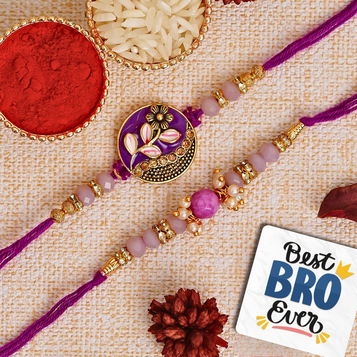 eCraftIndia Set of 2 Purple Floral & Pearl Designer Rakhis with Roli Chawal Pack and Best Bro Ever Fridge Magnet - Rakhi for Brother, Bhaiya, Bhai D1247P6WMDFHR