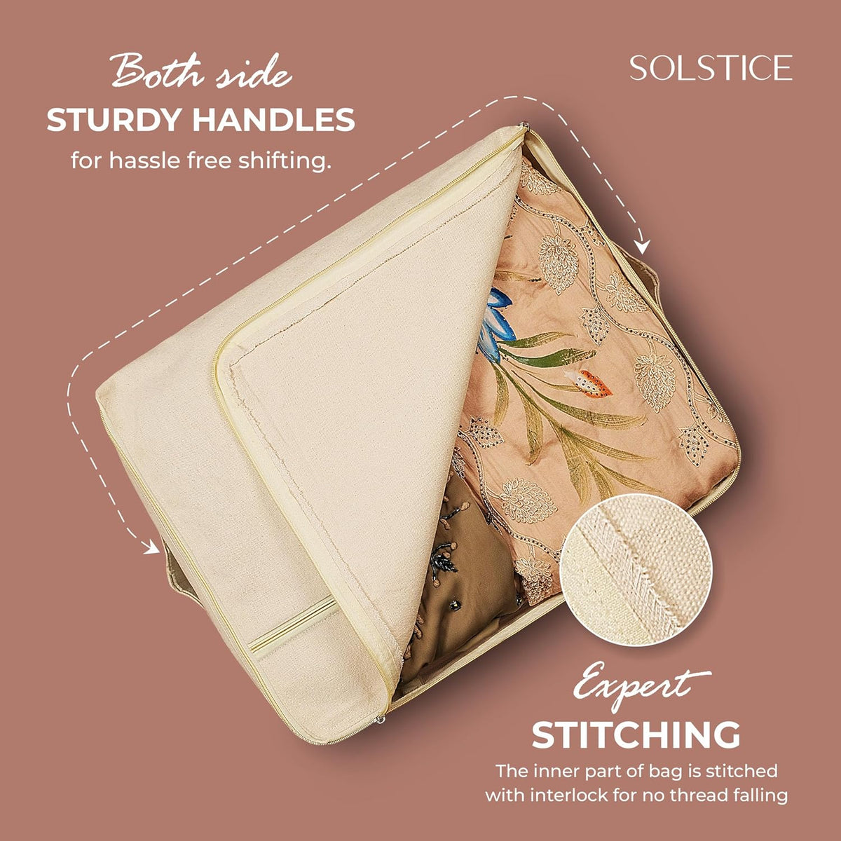 SOLSTICE Cotton Canvas Clothes Storage Bags/Saree Covers with Zip | Extra pocket | for Storage Specially Design for Woman Dresses, Sarees, Lehengas for Wardrobe