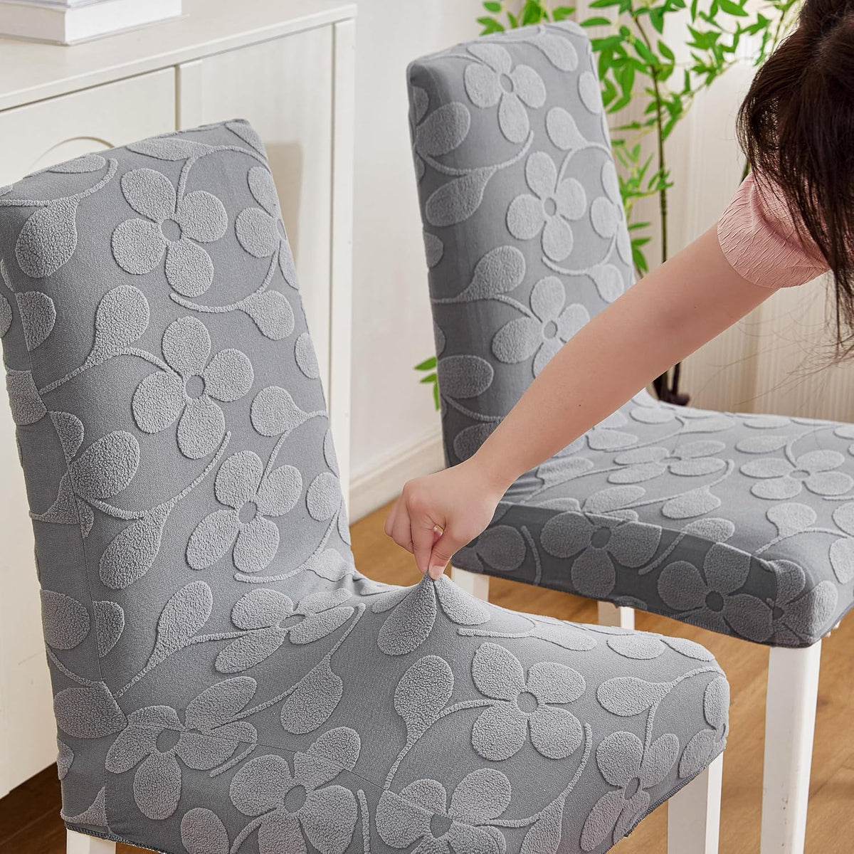 HOMETHREADS Stretchable Jacquard Dining Chair Seat Cover – Elastic Removable & Washable Chair Protector for Home, Kitchen & Restaurant (Dark Grey, Pack of 1) Da