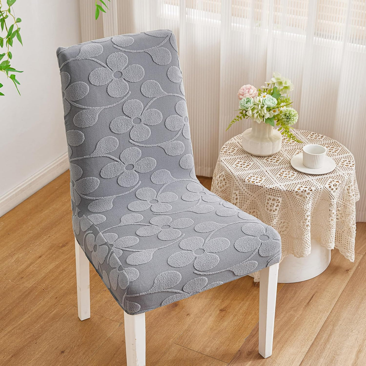 HOMETHREADS Stretchable Jacquard Dining Chair Seat Cover – Elastic Removable & Washable Chair Protector for Home, Kitchen & Restaurant (Dark Grey, Pack of 1) Da