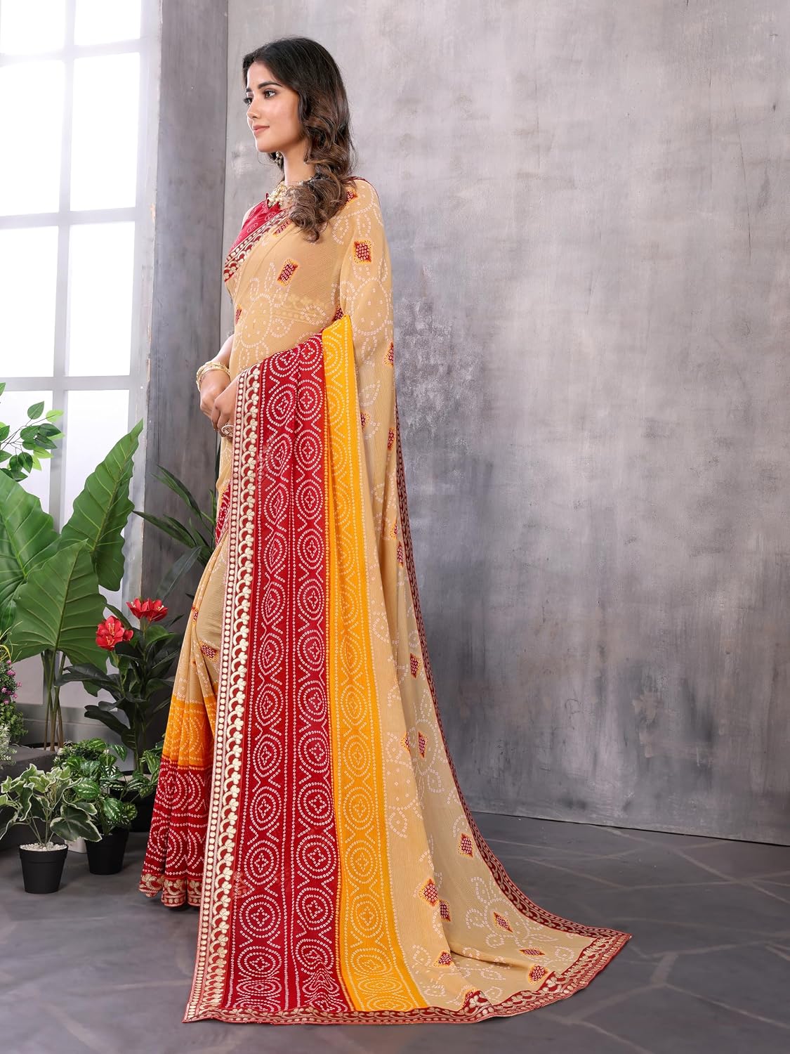 Yashika Women's Ethnic Georgette Saree with Lace and Blouse Chiku Bordeaux
