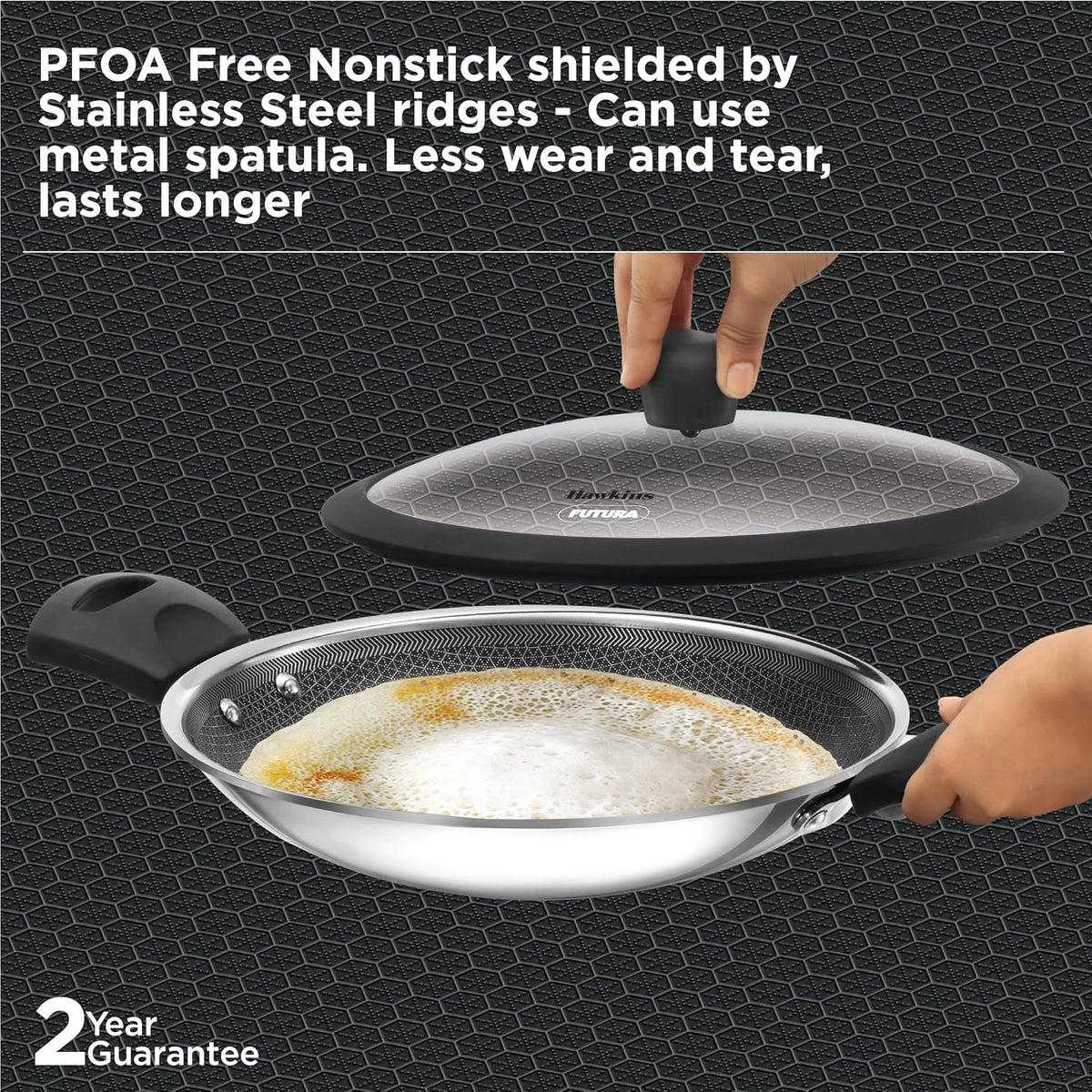 Hawkins 1.25L Breakfast Pan, Nonstick Triply Stainless Steel Appachatty with Glass Lid, Chetty Pan, Appam Patra, Honeycomb Round Bottom Small Kadai, Siler (NSA1