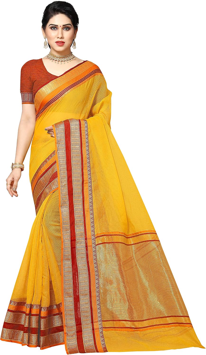 Sidhidata Women's Temple Border Kota Doria Cotton Manipuri Saree With Unstiched Blouse Piece Yellow