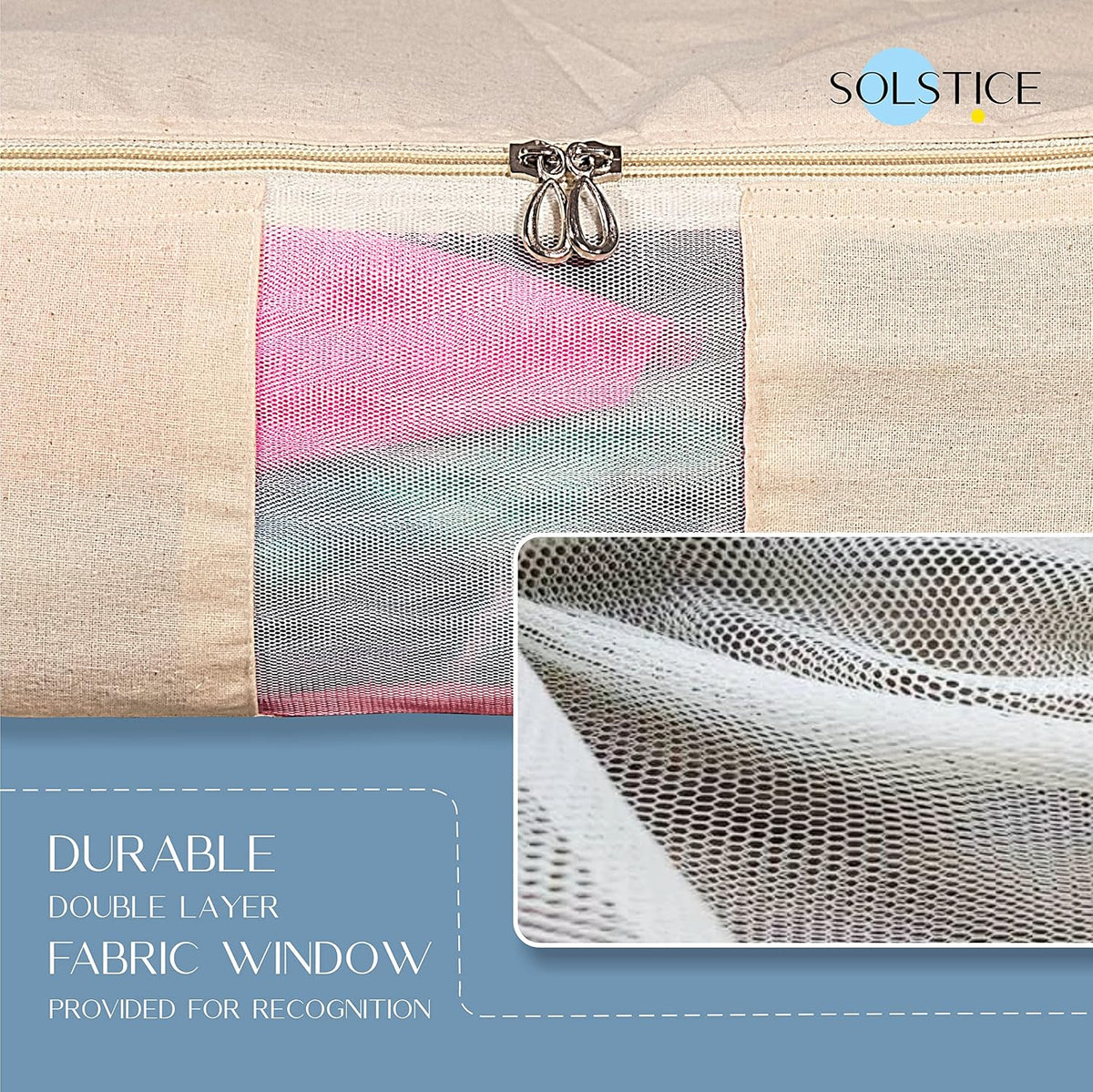 SOLSTICE Cotton Clothes Storage Box/Covers/Bags With Zip (18 X 16 X 4.5 Inch) As Wardrobe Organizer For Huge Silk Saree/Big Lehenga/Dresses/Shirts/Trousers/Gown