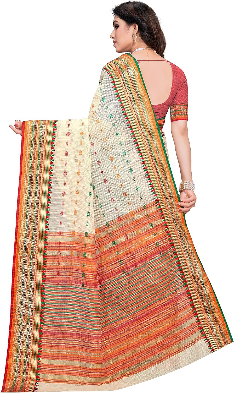 Sidhidata Women's Kota Doria Cotton Manipuri Saree With Unstitched Blouse Piece Cream
