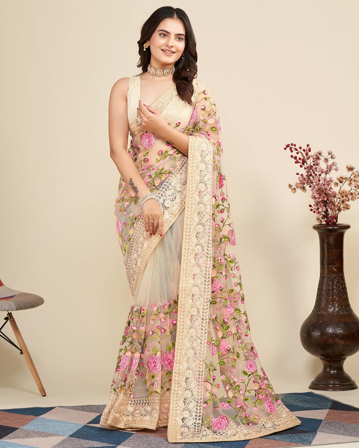 VAIRAGEE Women's Soft Lastest Georgette Embroidery Work Floral Pattern Stylish Saree with Unsewn Blouse Part (6079) Biege