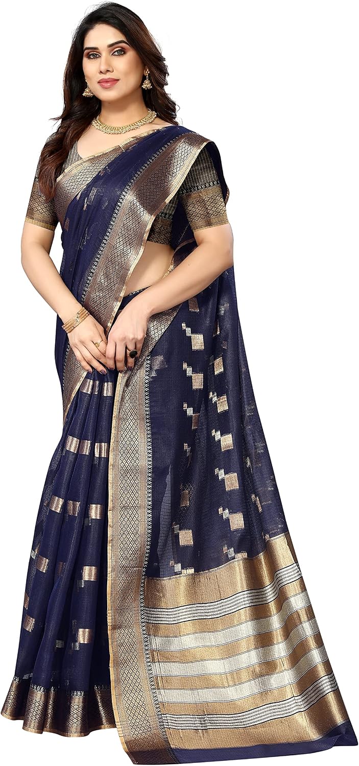 Sidhidata Women's Kota Doria Cotton Manipuri Jacquard Boarder Saree With Unstitched Blouse Piece (Box Butta) Navy Blue