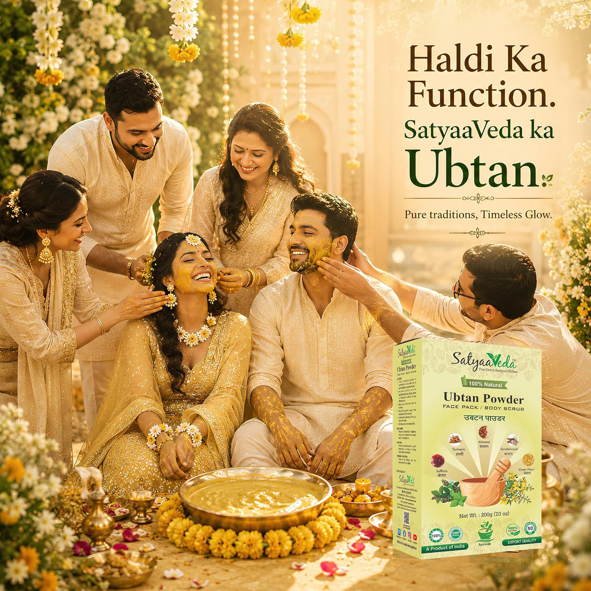 SatyaaVeda Ubtan Ayurvedic Face Pack & Body Scrub Herbal Powder | Brightening, Glow & Tan Removal with Sandalwood, Saffron, Turmeric & Almond | Bridal Haldi Cer
