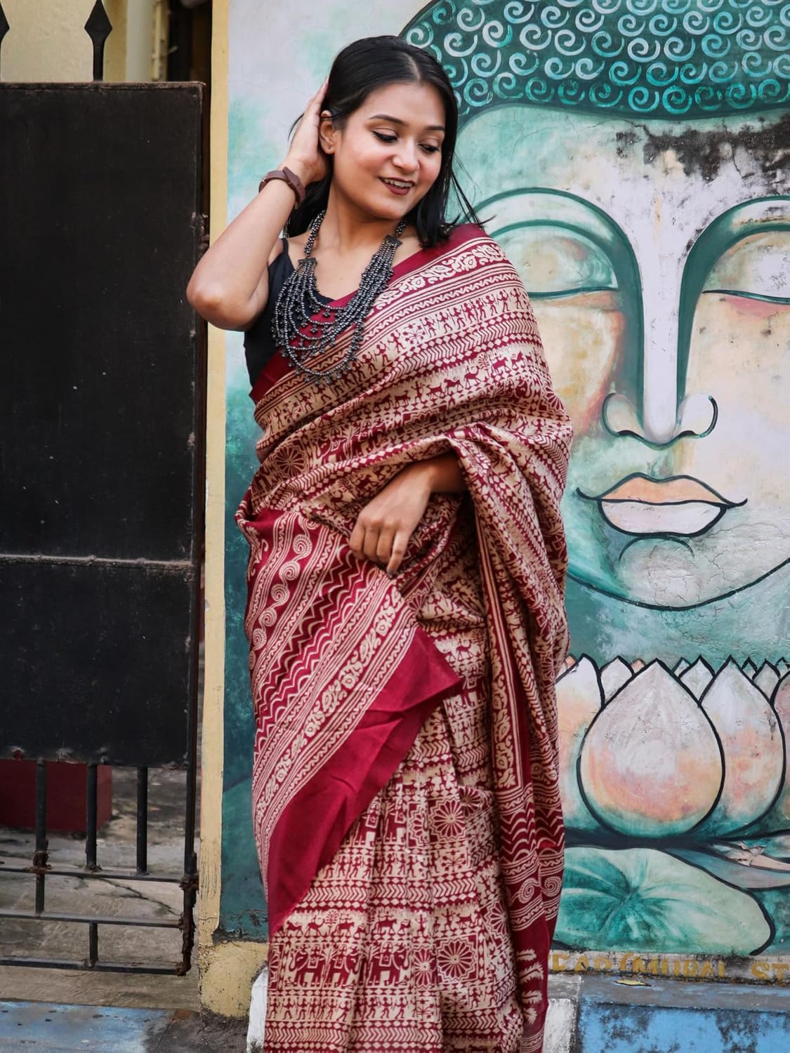 EthnicJunction Women's Silk Cotton Kalamkari Print Saree With Blouse Piece (EJ1201-Chitra-Maroon_Maroon)