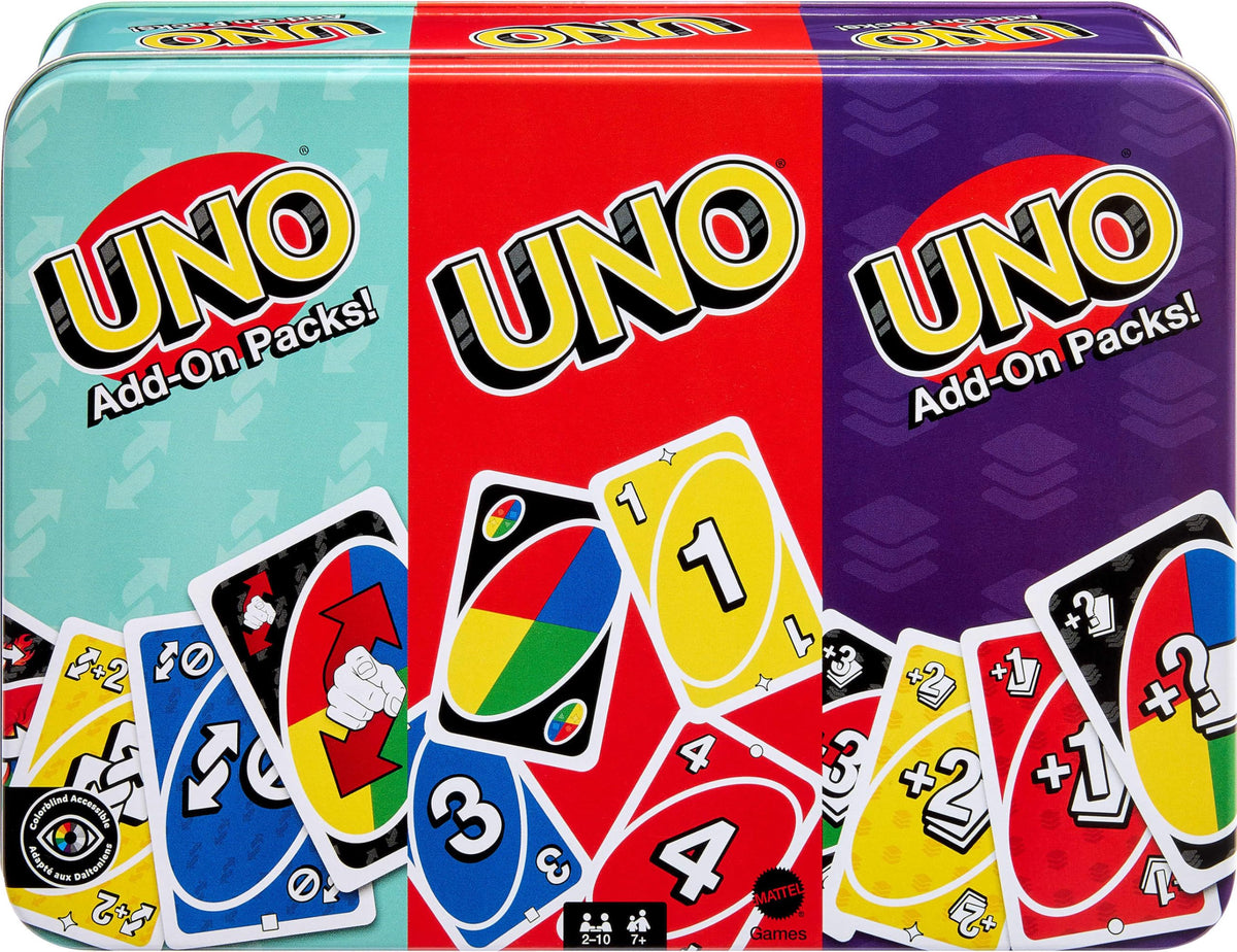 Mattel Games UNO Card Game with 2 Add On Packs with Storage Tin UNO w/Add-On Reverse + Stack Packs
