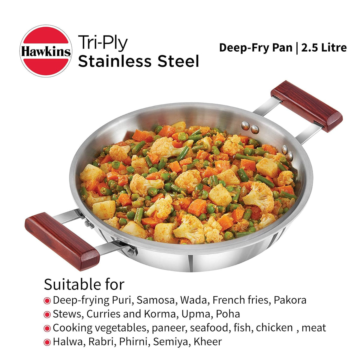Hawkins 1.5 Litre Deep Fry Pan, Triply Stainless Steel Kadai, Flat Bottom Induction Kadhai, Small Kadai, Silver (SSD15)