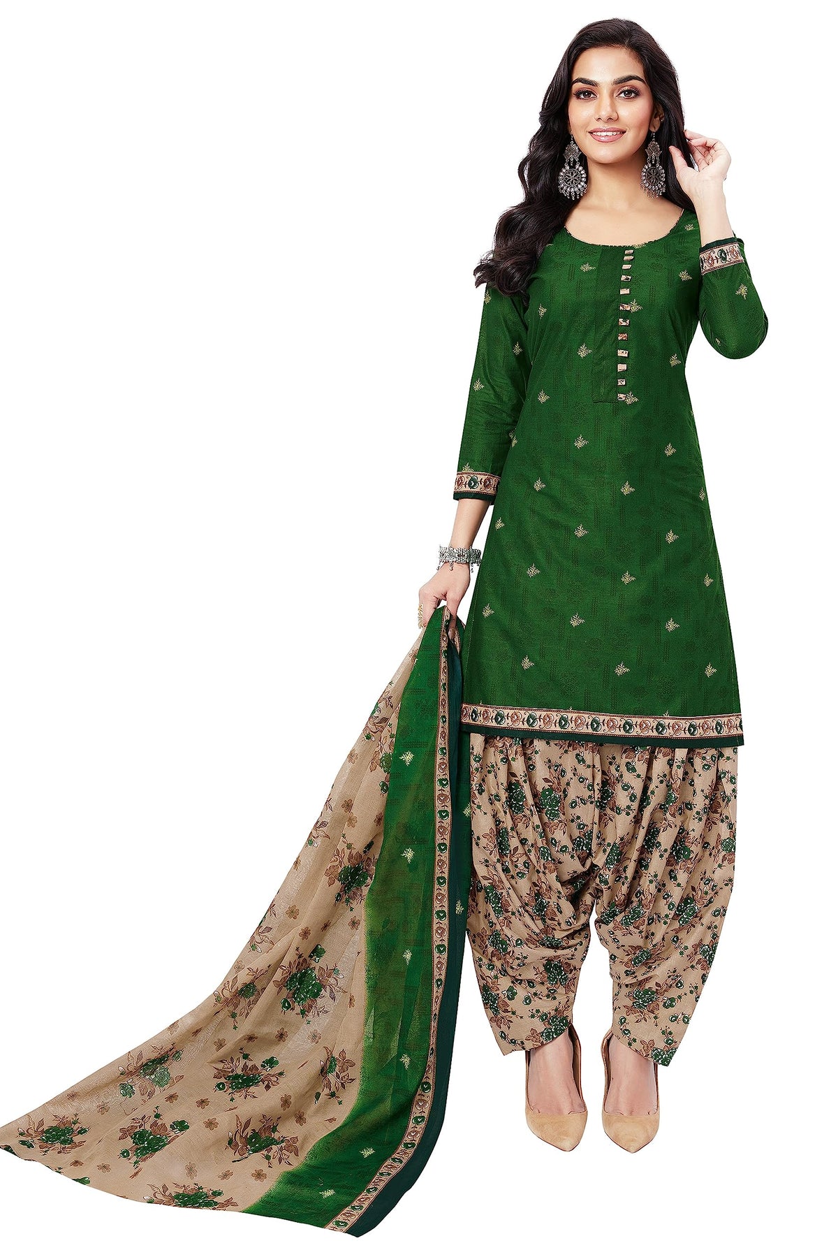 Miraan Cotton Printed Readymade Salwar Suit For Women (BANDCOLOR1710) S Green