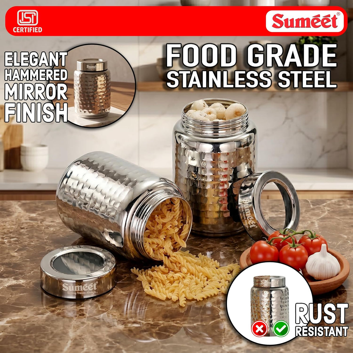 Sumeet ISI Certified Stainless Steel Hammered Canister/Container for Kitchen Storage with See Through Lid Set of 2Pcs - 950ml, 10cm Dia, Silver 950ml 2Pc