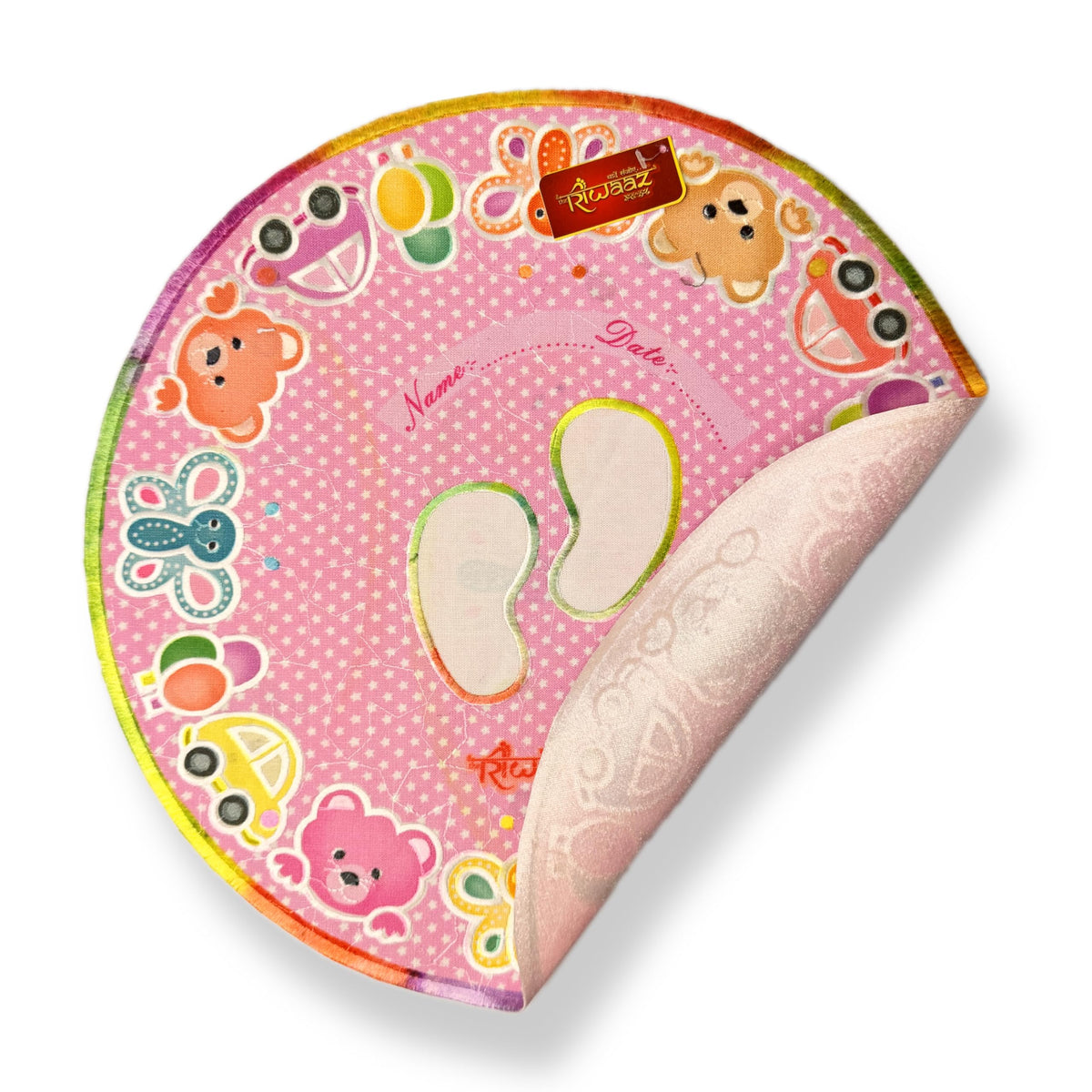 Cotton Kanku Pagla as Ritual to Swaagat welome Born baby Kids at home first time Take Footprint Modern Name Date Printed Design Asan Rumal With Bag (Round)