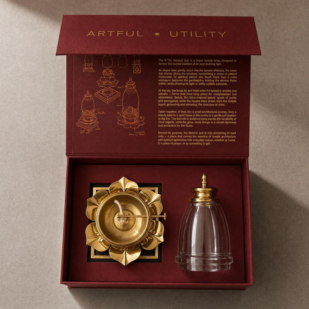 P•TAL Brass Akhand Jyot Diya with Glass Cover – Handcrafted Long-Lasting Oil Lamp for Puja, Mandir & Festivals (1N) Large