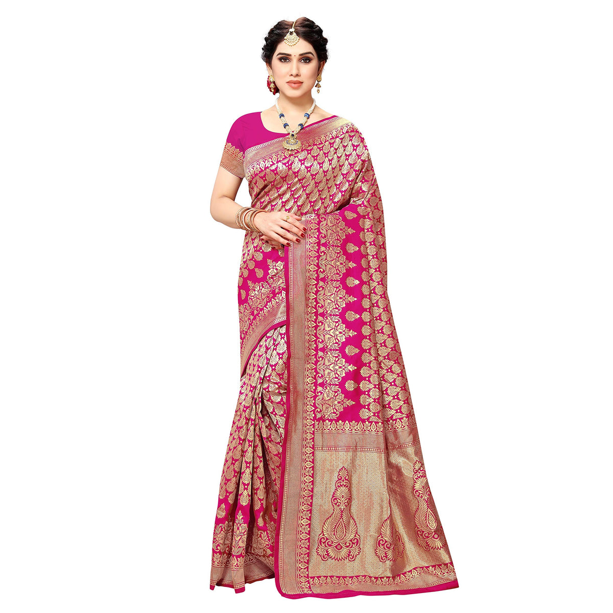 Sidhidata Women's Jacquard Silk Saree with Blouse Piece Pink
