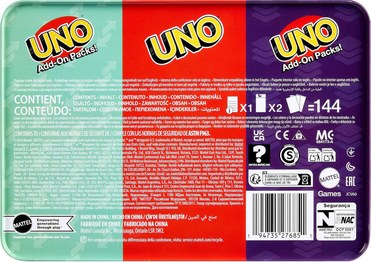 Mattel Games UNO Card Game with 2 Add On Packs with Storage Tin UNO w/Add-On Reverse + Stack Packs