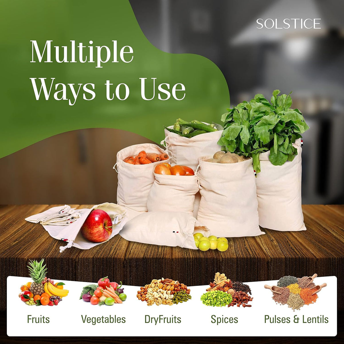 SOLSTICE Cotton Muslin Fridge Storage Bags for Vegetables and Fruits Kitchen | Washable, Reusable, Multipurpose Storage and Straining bags - Set of 10 ( 5 large