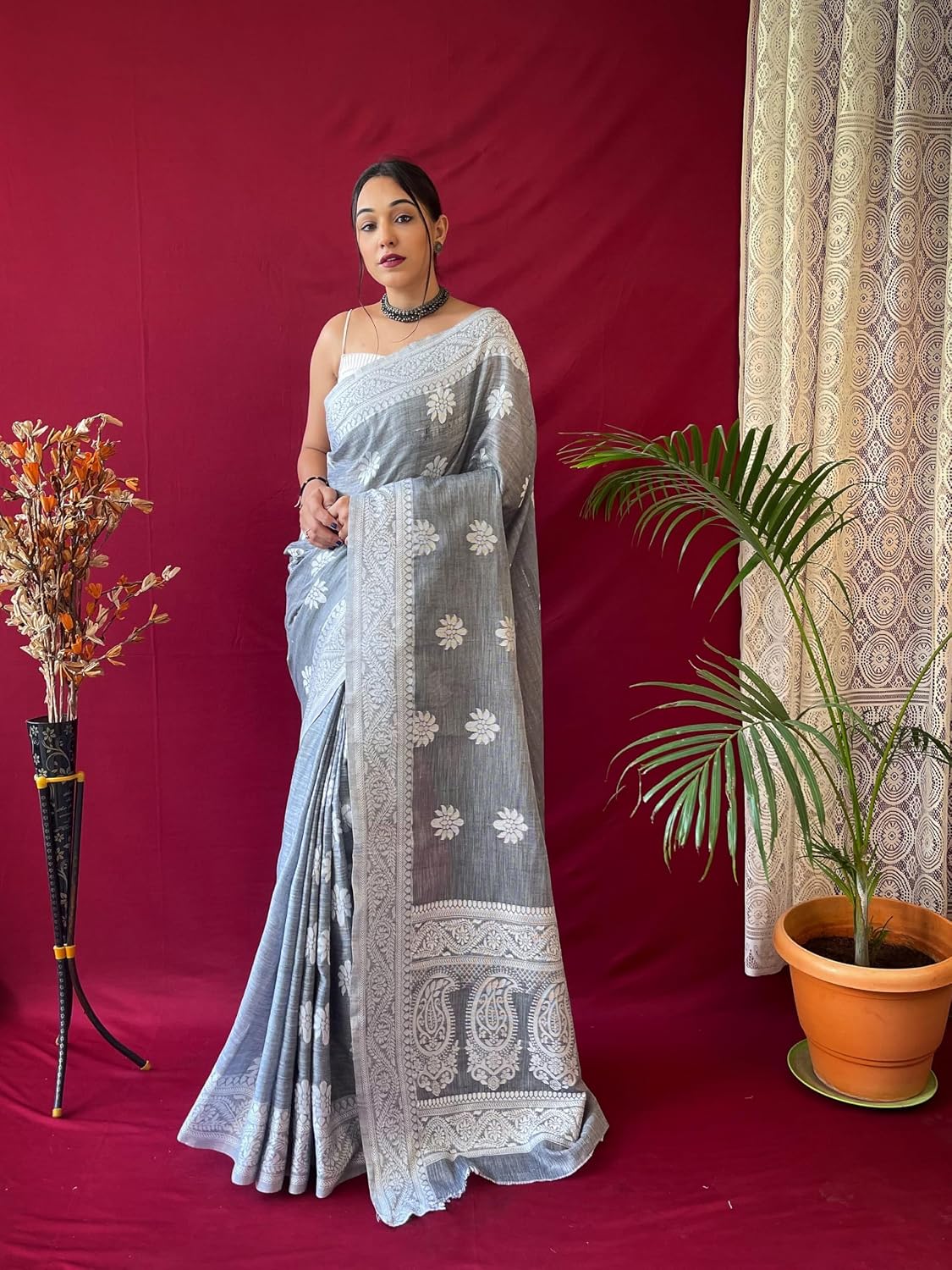SGF11 Women's Kanjivaram Soft Cotton Linen Silk Saree With Blouse Piece Gray