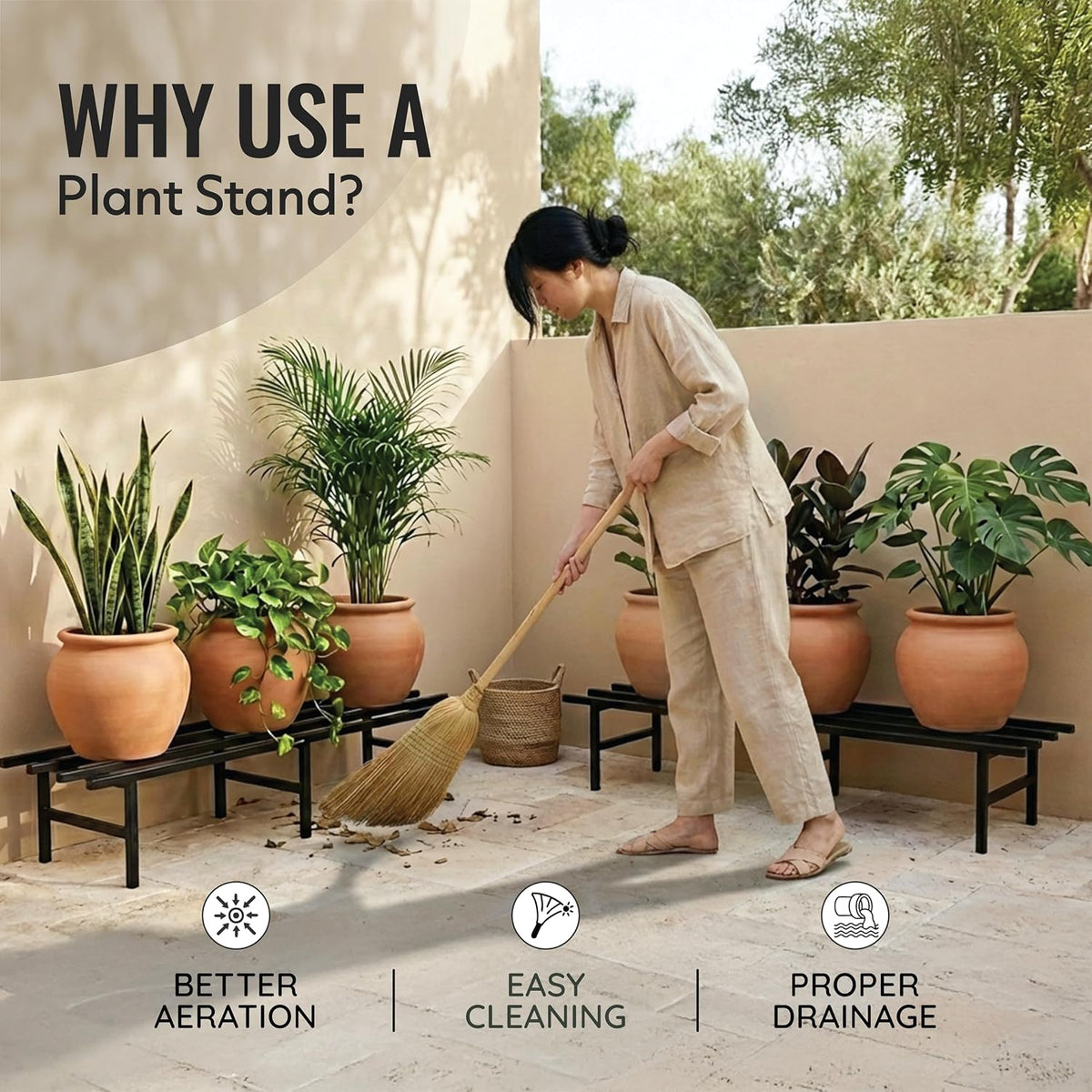 Robustt Horizontal Metal Pot Stand (Set of 2 ) 76x24x18 Cm | Rust-Proof Matte Powder-Coated Pot Stand for Big Size Plants | Supports Up to 200 Kg| Ideal for Bal