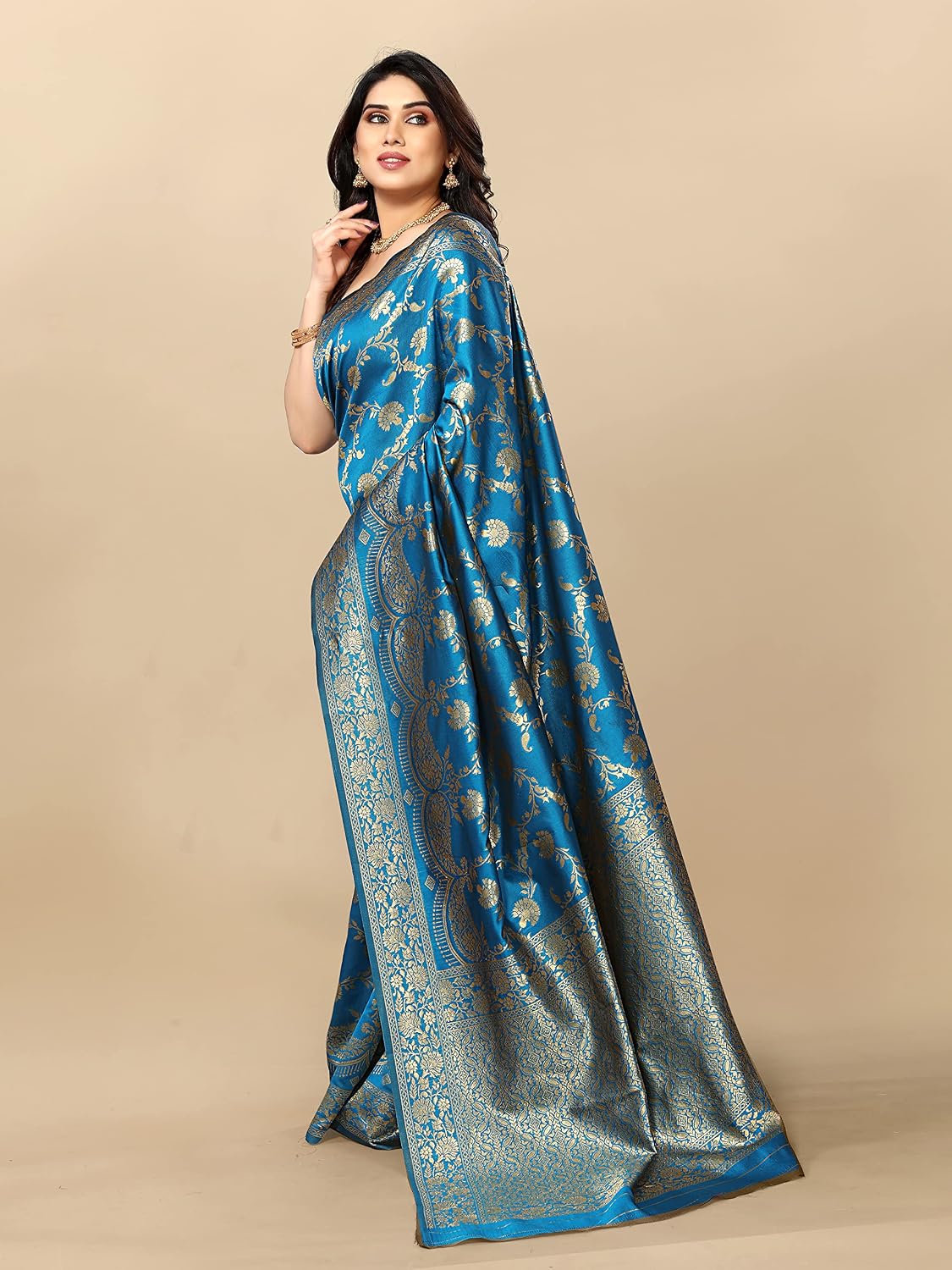 Sidhidata Women's Kanjivaram Banarasi Jacquard Silk Saree With Blouse Piece (Free Size) Sky Blue