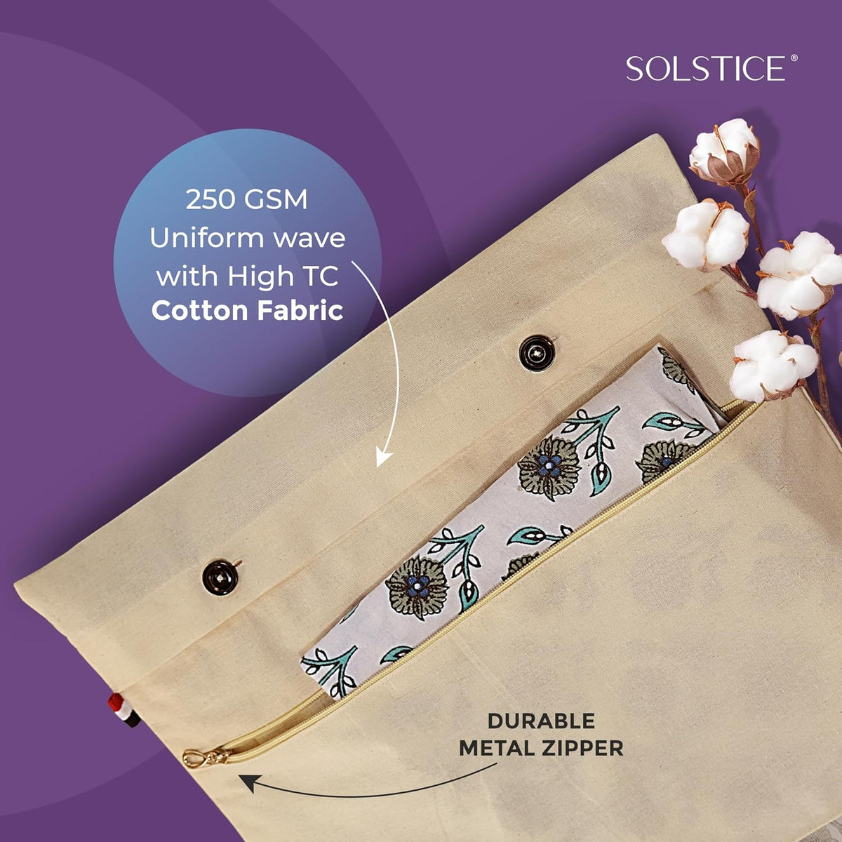 SOLSTICE Cotton Saree Bags/Covers With Zip For Storage - Double Pocket Twist, Big Size (18 X 15 Inches) And Transparent Mesh Window Set Of 8, Beige