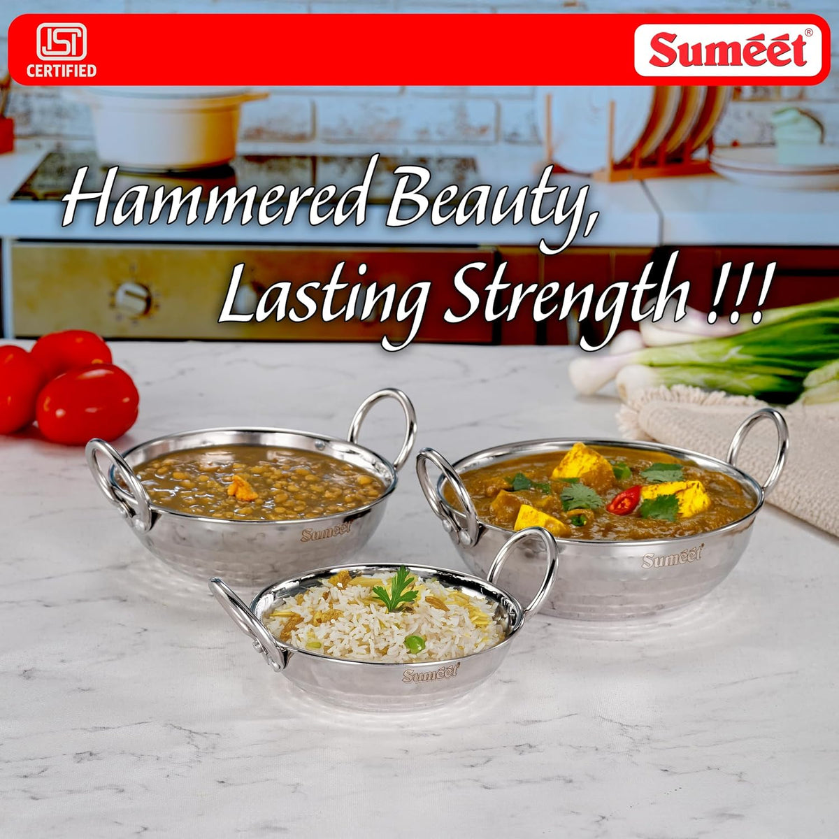 Sumeet ISI Certified Stainless Steel Mini Kadhai for Serving, Tadka - Hammered Kadai, Induction and Gas Stove Friendly, Small Size (Set of 3Pc, 350ml, 550ml, 75