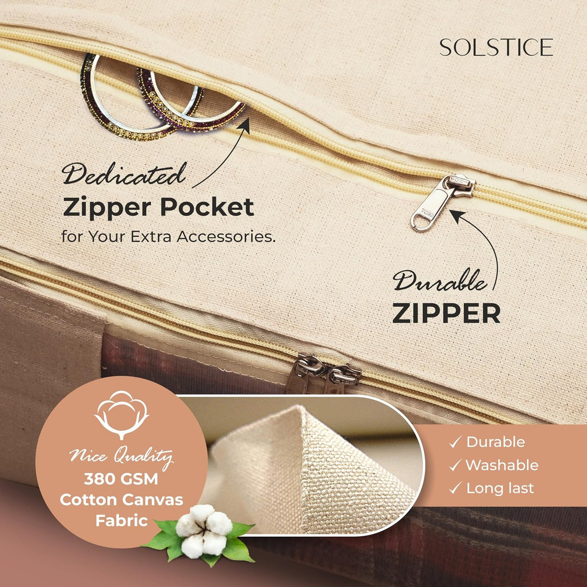 SOLSTICE Cotton Canvas Clothes Storage Bags/Saree Covers with Zip | Extra pocket | for Storage Specially Design for Woman Dresses, Sarees, Lehengas for Wardrobe