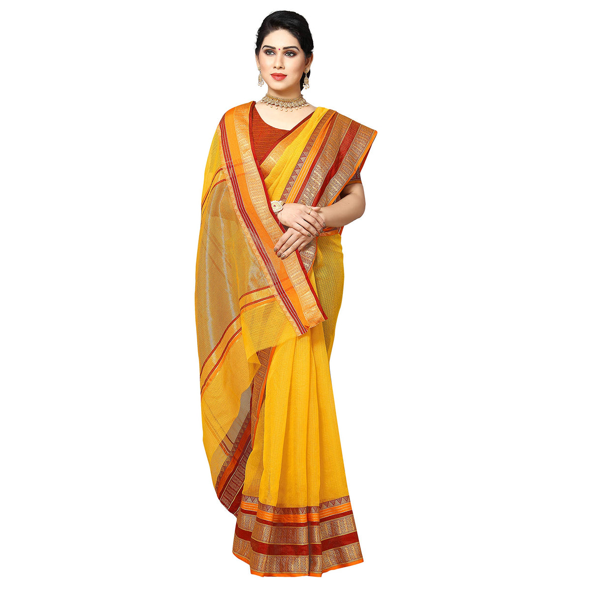 Sidhidata Women's Temple Border Kota Doria Cotton Manipuri Saree With Unstiched Blouse Piece Yellow