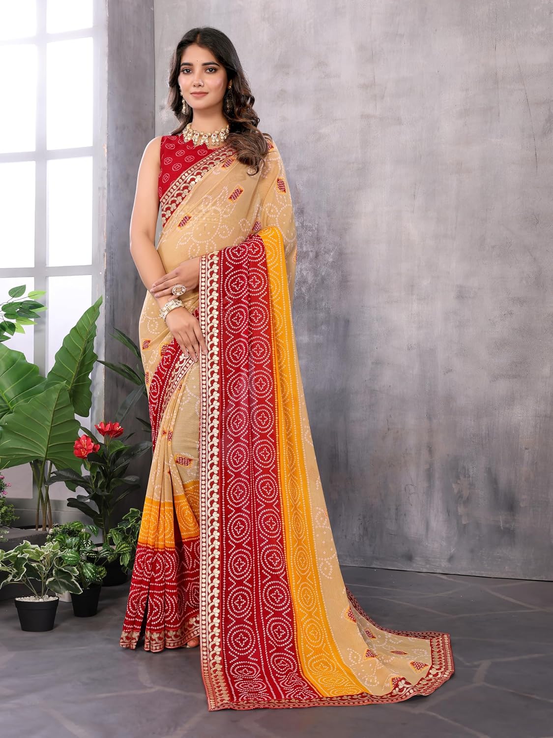 Yashika Women's Ethnic Georgette Saree with Lace and Blouse Chiku Bordeaux