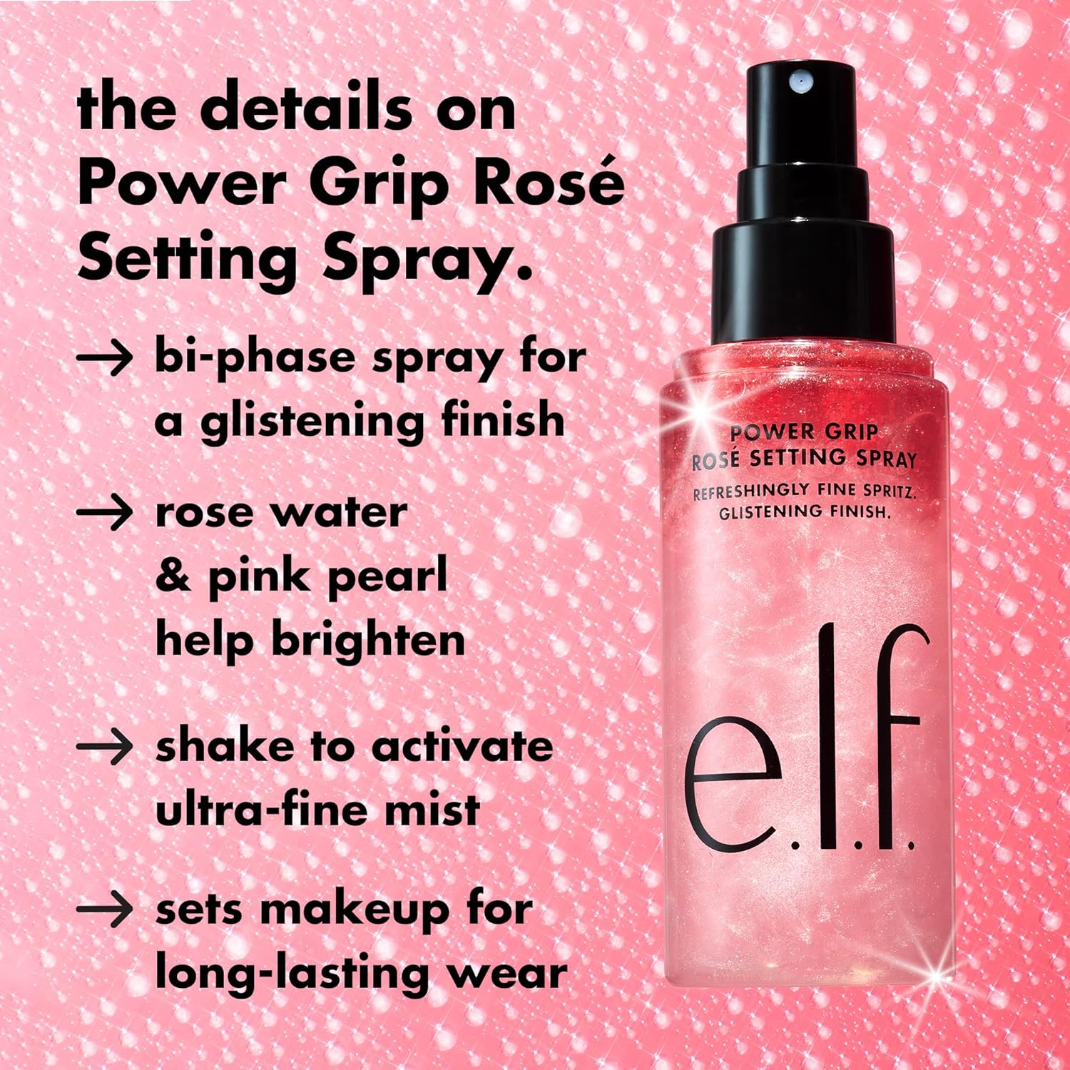 e.l.f. Power Grip Rosé Setting Spray, Grips Makeup for Lasting Wear & Glistening, Glowy Finish, Made with Niacinamide, Vegan & Cruelty-Free