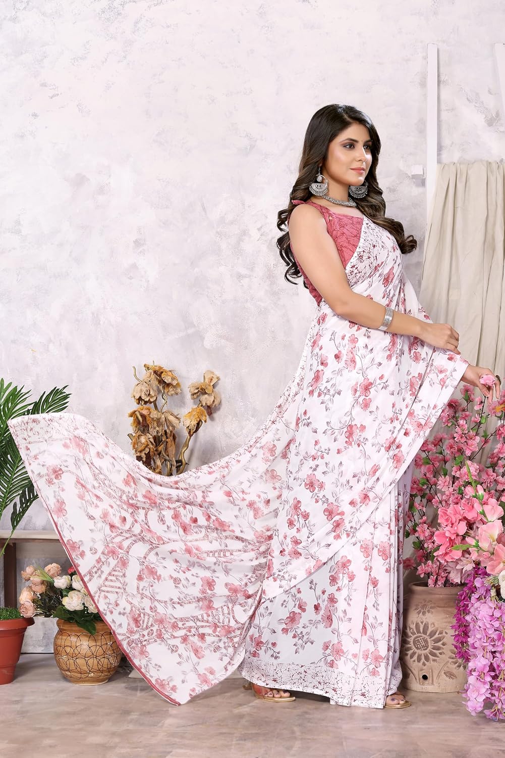 Yashika Women's Fashion Red Georgette Saree with Blouse Peach