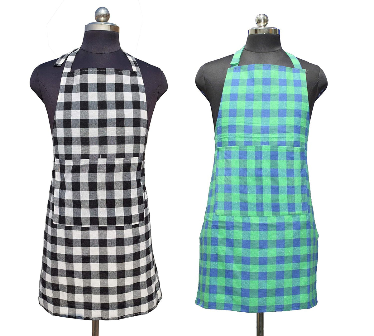 GLUN Waterproof Unisex Kitchen Checkered Design Apron with 2 Front Centre Pocket With Adjustable Neck Strap (Pack Of 2)